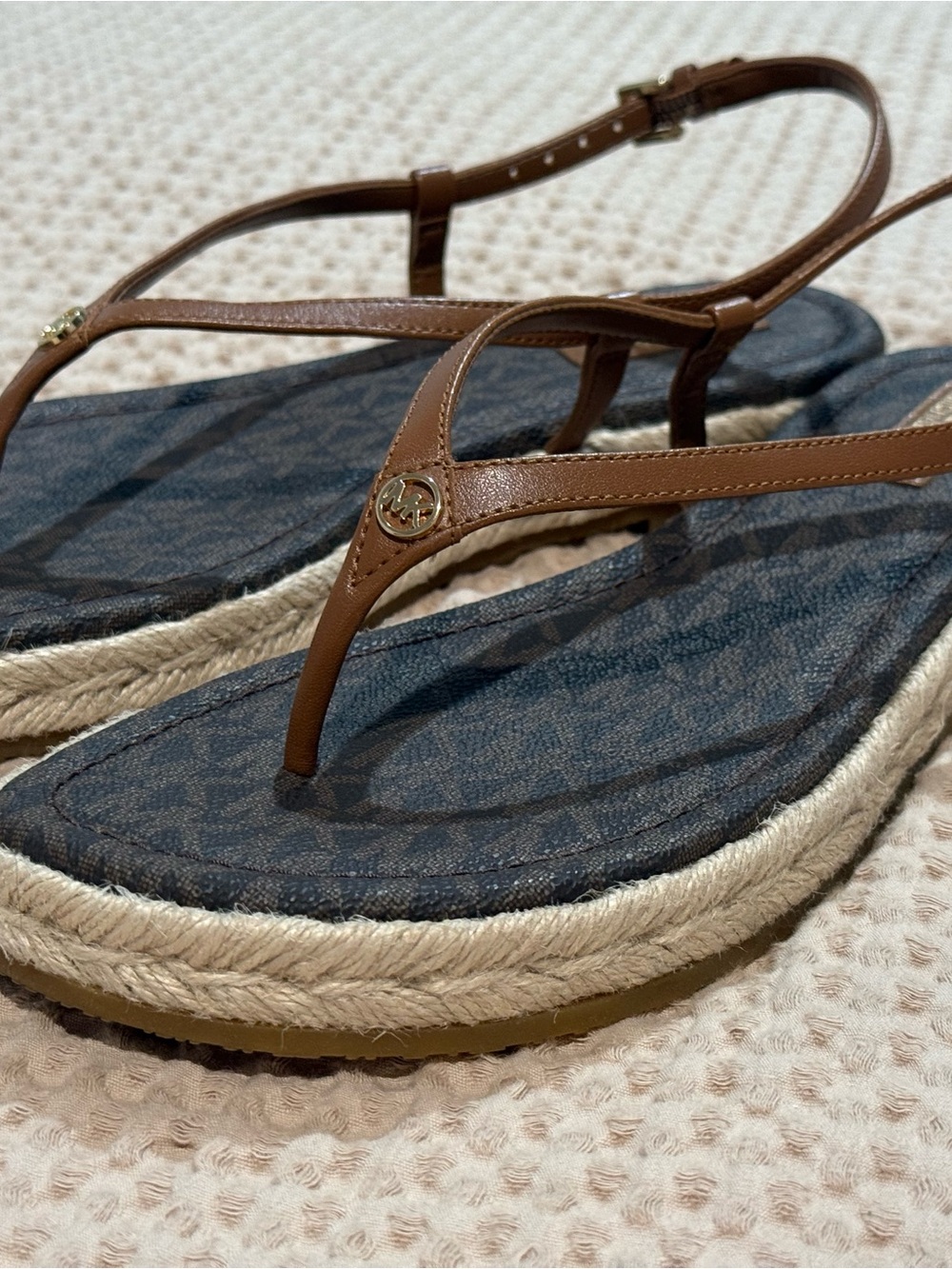 Michael Kors Brown Leather T-Strap Logo Sandals with Navy Footbed